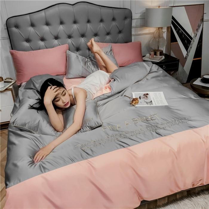 91家纺网 家纺一手货源 找家纺 润缦 2020新款水洗真丝四件套双拼系列 浅灰+玫瑰粉