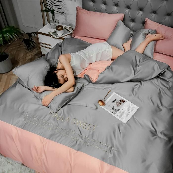 91家纺网 家纺一手货源 找家纺 润缦 2020新款水洗真丝四件套双拼系列 浅灰+玫瑰粉