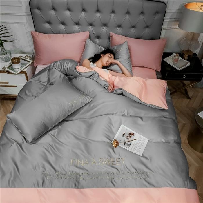 91家纺网 家纺一手货源 找家纺 润缦 2020新款水洗真丝四件套双拼系列 浅灰+玫瑰粉