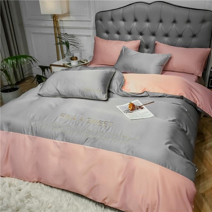 91家纺网 家纺一手货源 找家纺 润缦 2020新款水洗真丝四件套双拼系列 浅灰+玫瑰粉