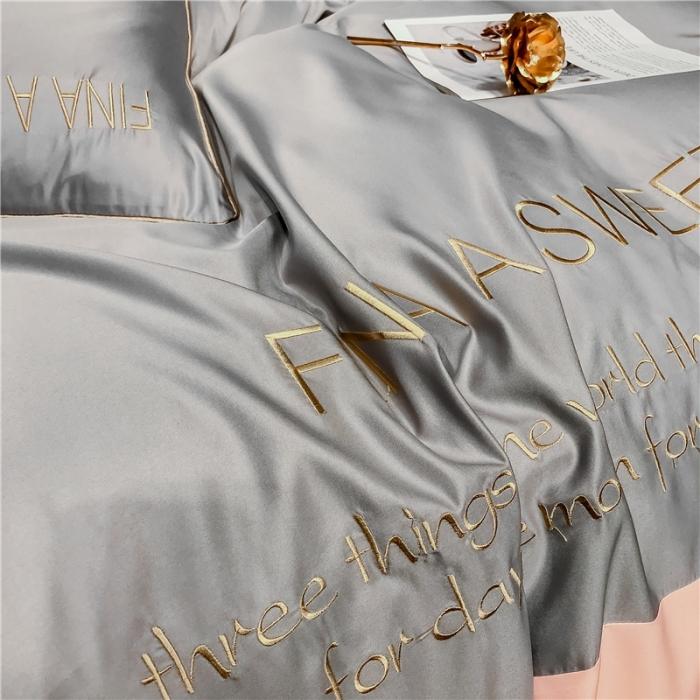 91家纺网 家纺一手货源 找家纺 润缦 2020新款水洗真丝四件套双拼系列 浅灰+玫瑰粉