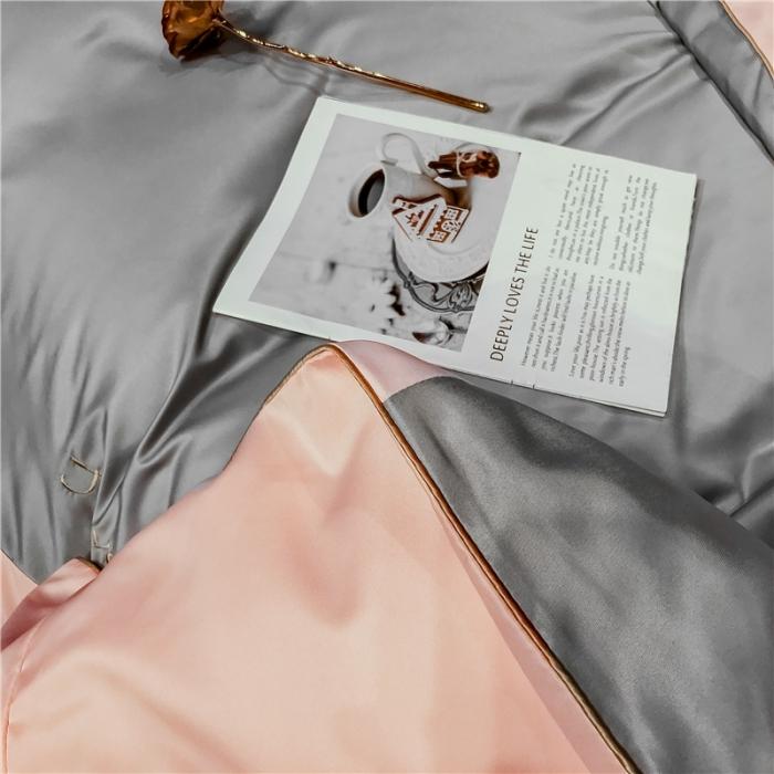 91家纺网 家纺一手货源 找家纺 润缦 2020新款水洗真丝四件套双拼系列 浅灰+玫瑰粉