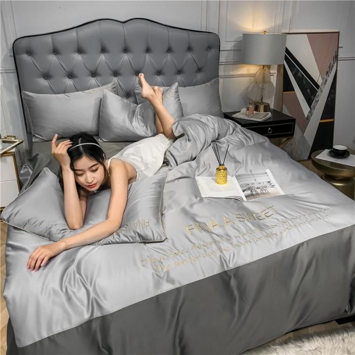 91家纺网 家纺一手货源 找家纺 润缦 2020新款水洗真丝四件套双拼系列 浅灰+绅士灰