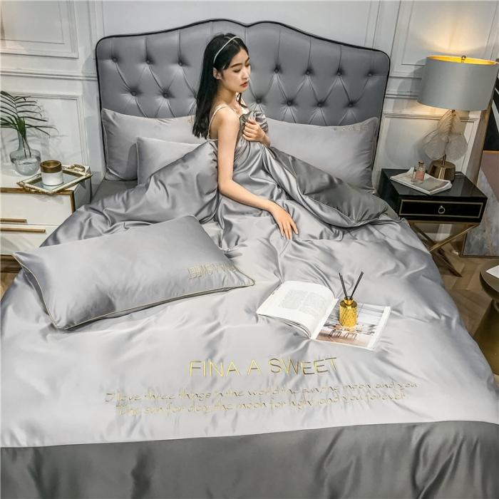 91家纺网 家纺一手货源 找家纺 润缦 2020新款水洗真丝四件套双拼系列 浅灰+绅士灰