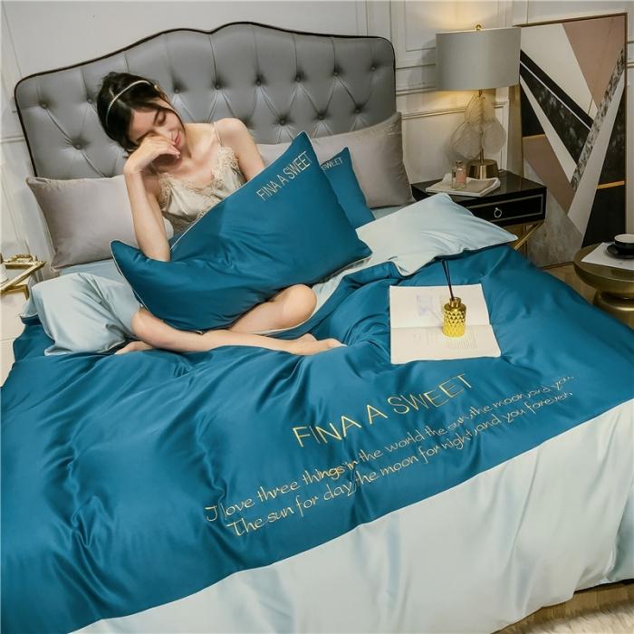 91家纺网 家纺一手货源 找家纺 润缦 2020新款水洗真丝四件套双拼系列 月光蓝+梵星蓝