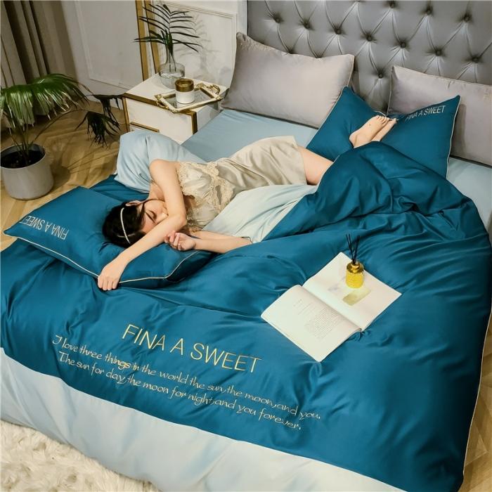 91家纺网 家纺一手货源 找家纺 润缦 2020新款水洗真丝四件套双拼系列 月光蓝+梵星蓝