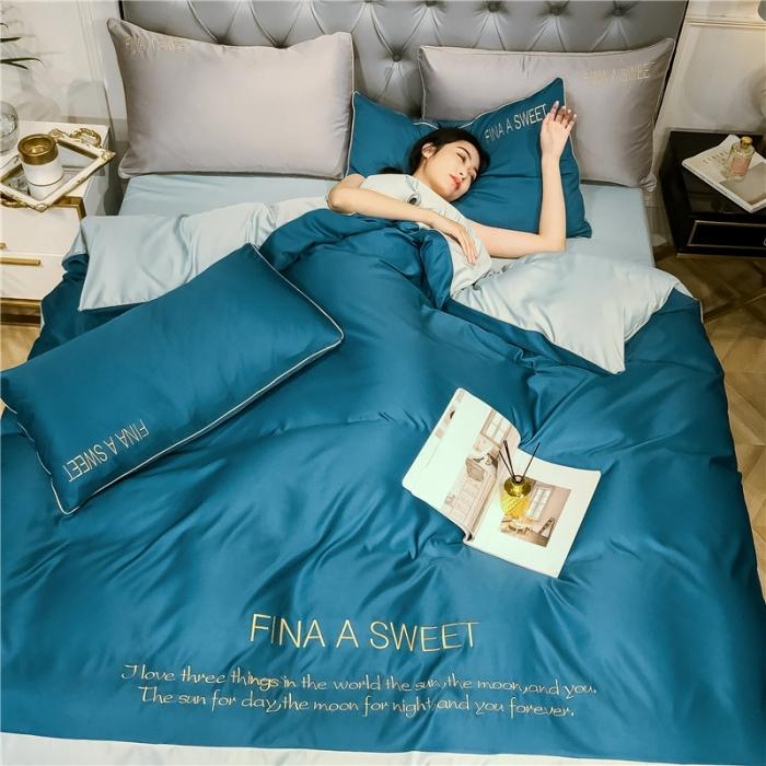 91家纺网 家纺一手货源 找家纺 润缦 2020新款水洗真丝四件套双拼系列 月光蓝+梵星蓝
