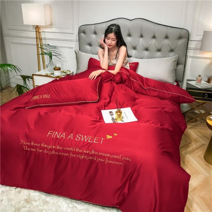 91家纺网 家纺一手货源 找家纺 润缦 2020新款水洗真丝四件套双拼系列 中国红