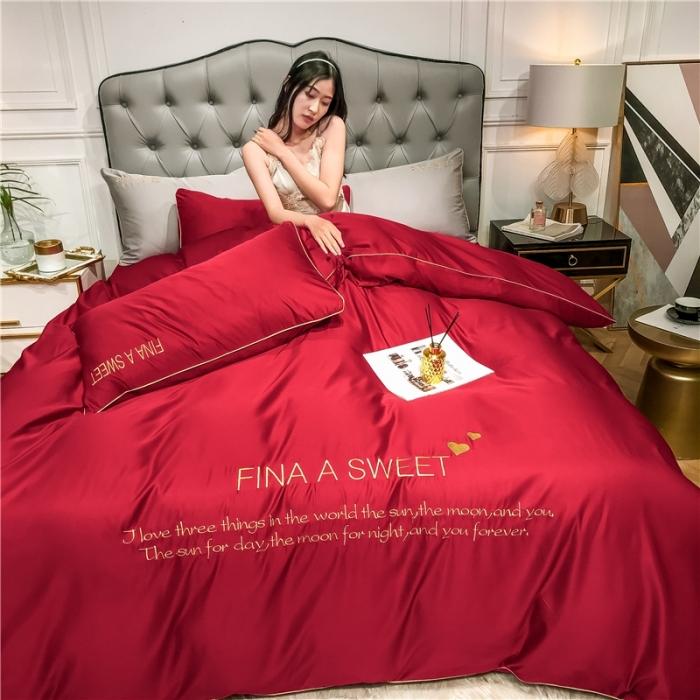 91家纺网 家纺一手货源 找家纺 润缦 2020新款水洗真丝四件套双拼系列 中国红