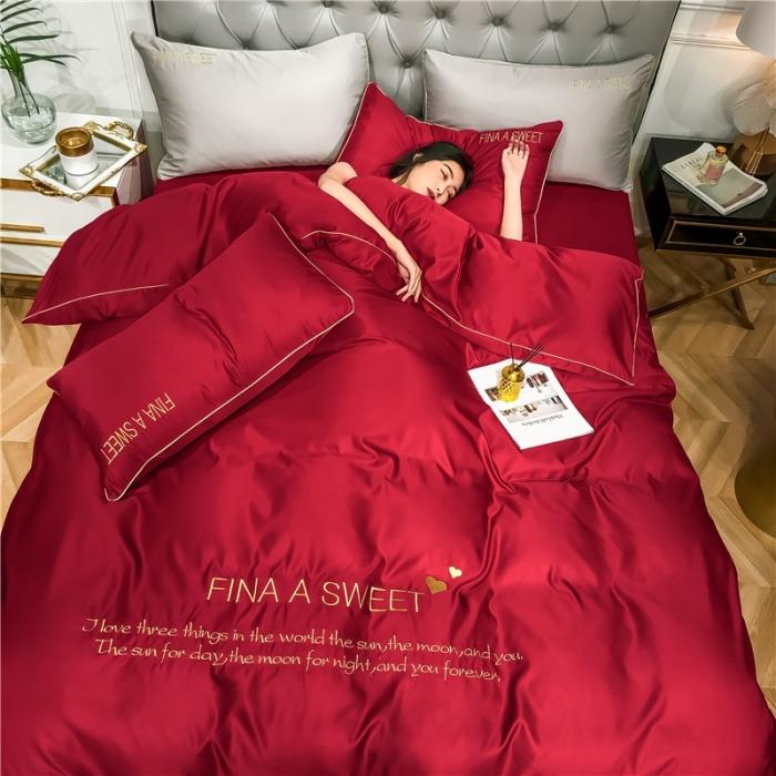 91家纺网 家纺一手货源 找家纺 润缦 2020新款水洗真丝四件套双拼系列 中国红