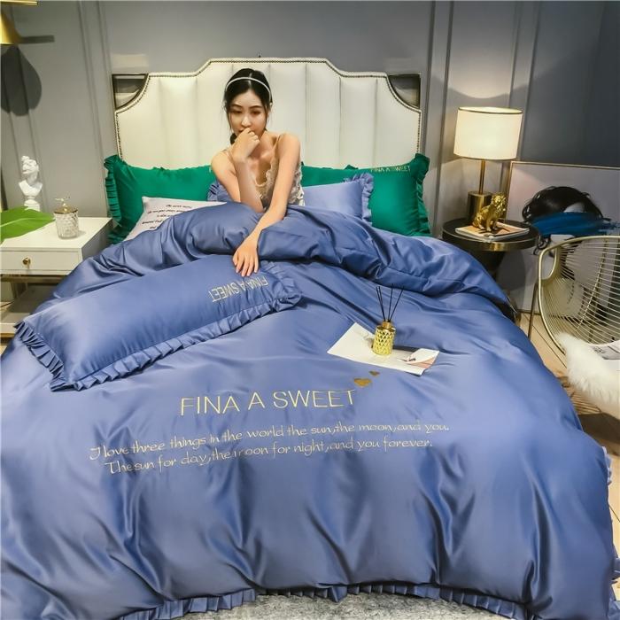 91家纺网 家纺一手货源 找家纺 润缦 2020新款水洗真丝四件套爱心系列 爱心-宾利蓝