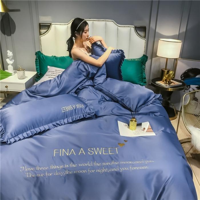 91家纺网 家纺一手货源 找家纺 润缦 2020新款水洗真丝四件套爱心系列 爱心-宾利蓝