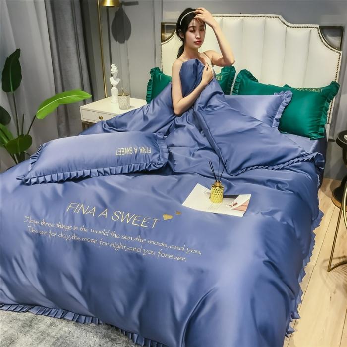 91家纺网 家纺一手货源 找家纺 润缦 2020新款水洗真丝四件套爱心系列 爱心-宾利蓝