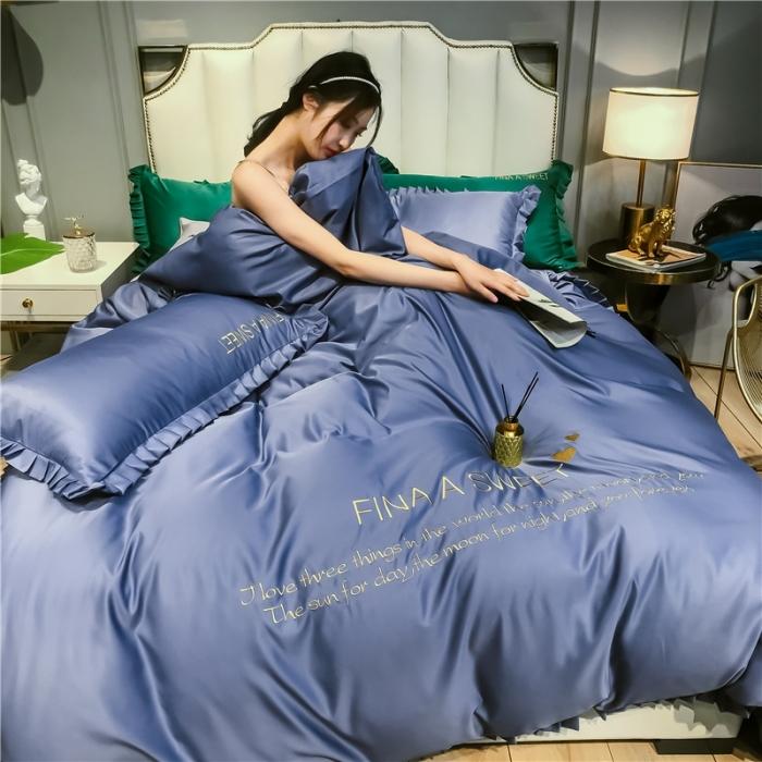 91家纺网 家纺一手货源 找家纺 润缦 2020新款水洗真丝四件套爱心系列 爱心-宾利蓝
