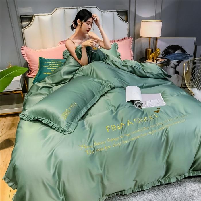 91家纺网 家纺一手货源 找家纺 润缦 2020新款水洗真丝四件套爱心系列 爱心-灰草绿