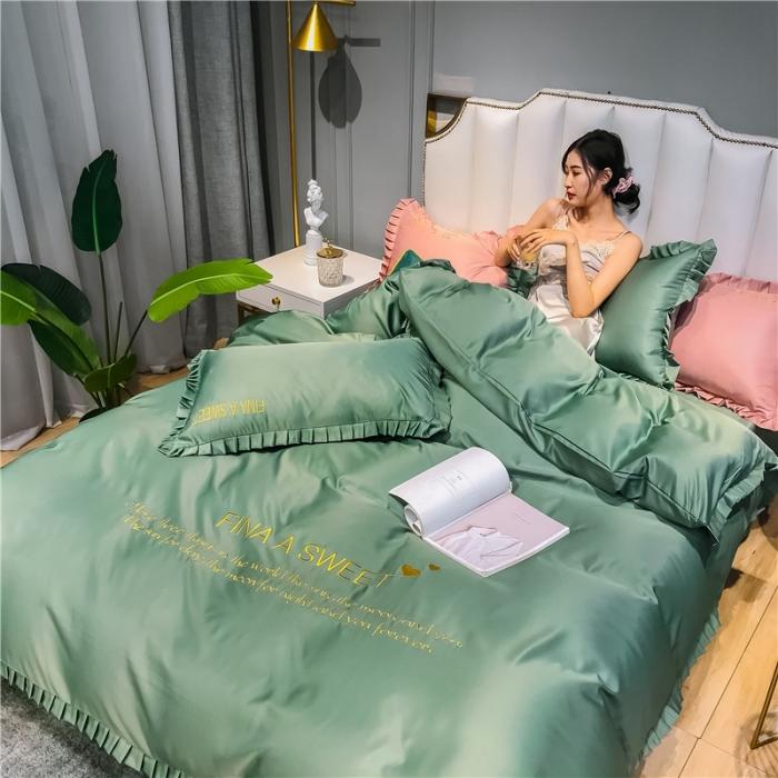 91家纺网 家纺一手货源 找家纺 润缦 2020新款水洗真丝四件套爱心系列 爱心-灰草绿