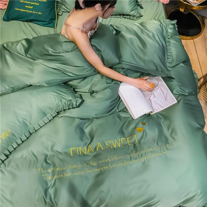 91家纺网 家纺一手货源 找家纺 润缦 2020新款水洗真丝四件套爱心系列 爱心-灰草绿