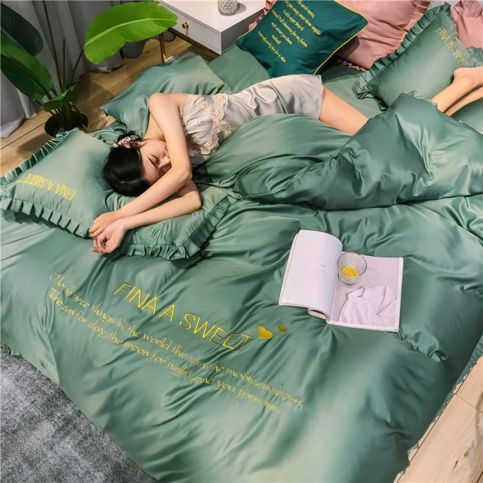 91家纺网 家纺一手货源 找家纺 润缦 2020新款水洗真丝四件套爱心系列 爱心-灰草绿