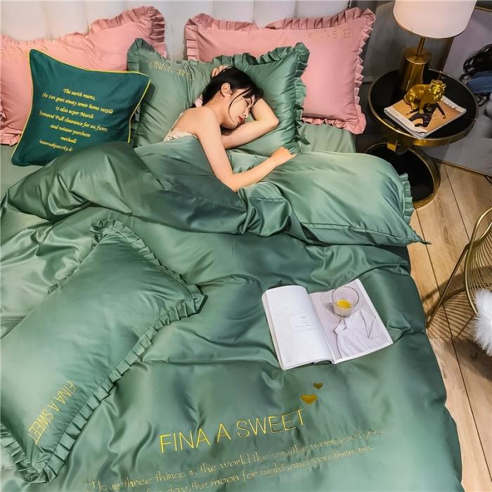 91家纺网 家纺一手货源 找家纺 润缦 2020新款水洗真丝四件套爱心系列 爱心-灰草绿