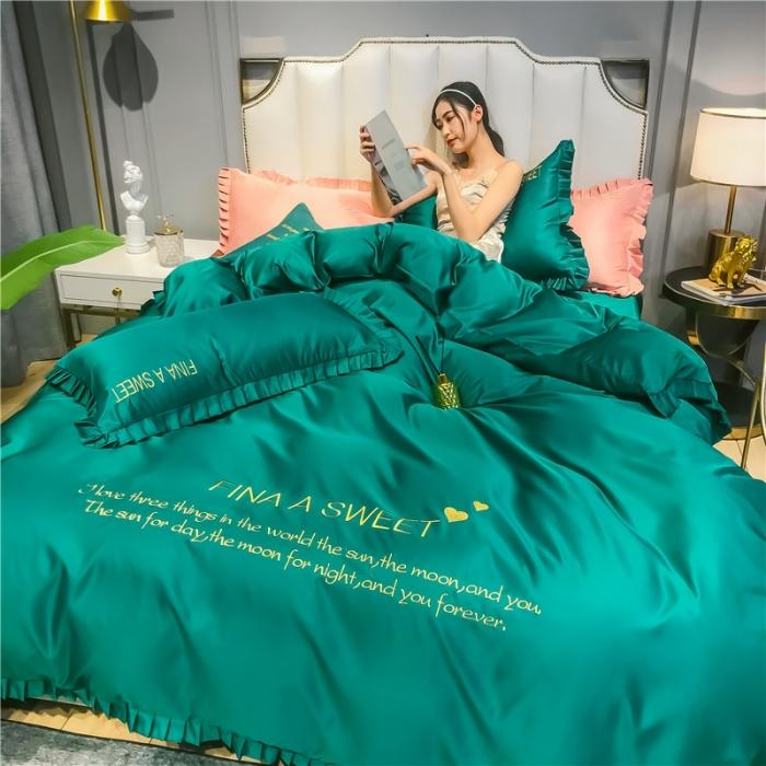 91家纺网 家纺一手货源 找家纺 润缦 2020新款水洗真丝四件套爱心系列 爱心-墨绿