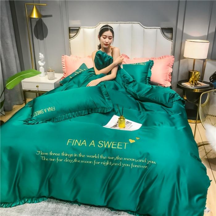 91家纺网 家纺一手货源 找家纺 润缦 2020新款水洗真丝四件套爱心系列 爱心-墨绿