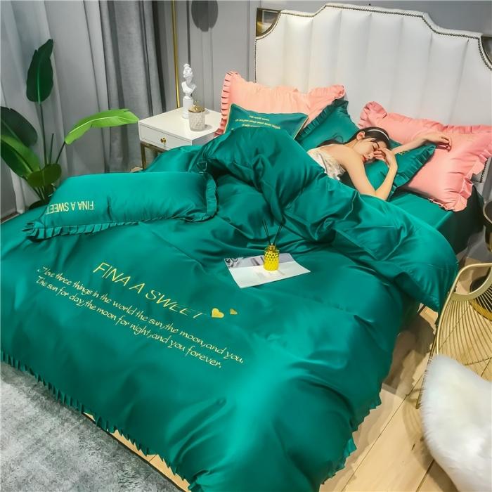 91家纺网 家纺一手货源 找家纺 润缦 2020新款水洗真丝四件套爱心系列 爱心-墨绿