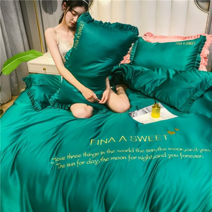 91家纺网 家纺一手货源 找家纺 润缦 2020新款水洗真丝四件套爱心系列 爱心-墨绿