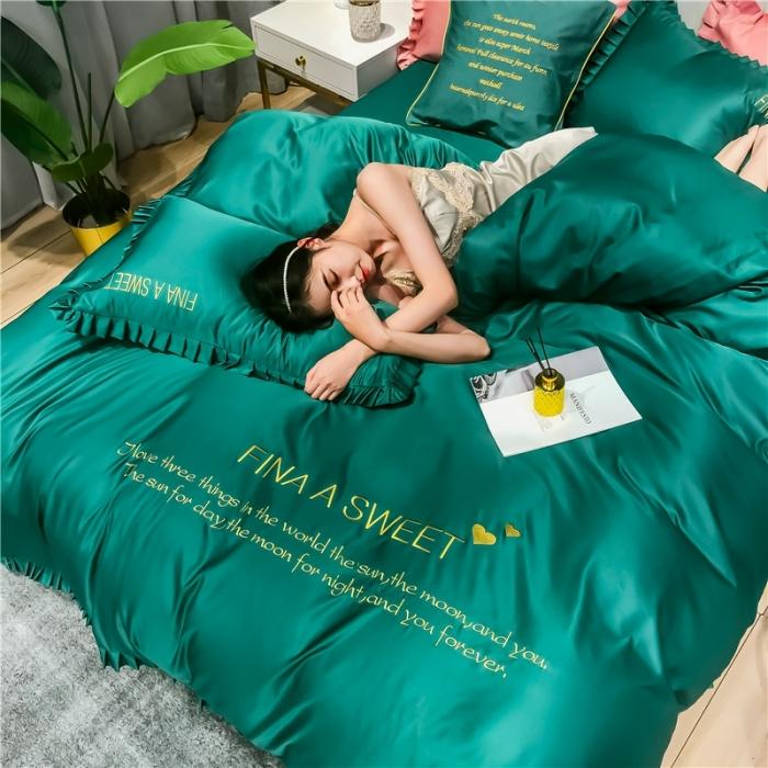 91家纺网 家纺一手货源 找家纺 润缦 2020新款水洗真丝四件套爱心系列 爱心-墨绿
