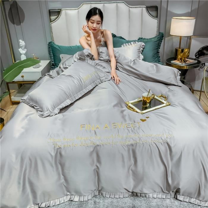 91家纺网 家纺一手货源 找家纺 润缦 2020新款水洗真丝四件套爱心系列 爱心-浅灰