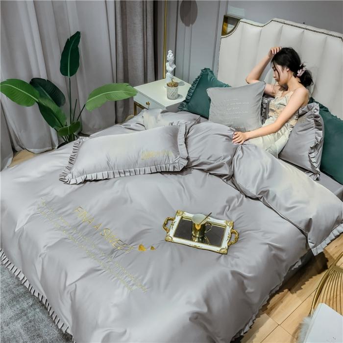 91家纺网 家纺一手货源 找家纺 润缦 2020新款水洗真丝四件套爱心系列 爱心-浅灰