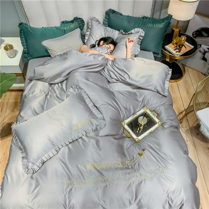 91家纺网 家纺一手货源 找家纺 润缦 2020新款水洗真丝四件套爱心系列 爱心-浅灰