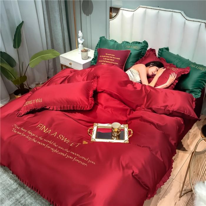 91家纺网 家纺一手货源 找家纺 润缦 2020新款水洗真丝四件套爱心系列 爱心-中国红