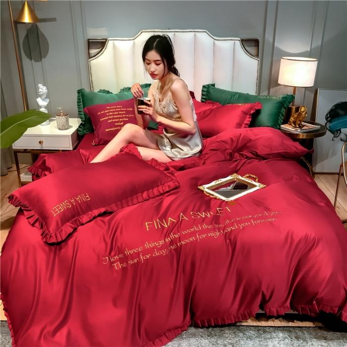 91家纺网 家纺一手货源 找家纺 润缦 2020新款水洗真丝四件套爱心系列 爱心-中国红