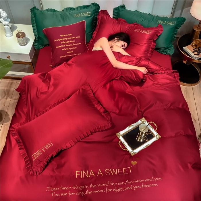 91家纺网 家纺一手货源 找家纺 润缦 2020新款水洗真丝四件套爱心系列 爱心-中国红