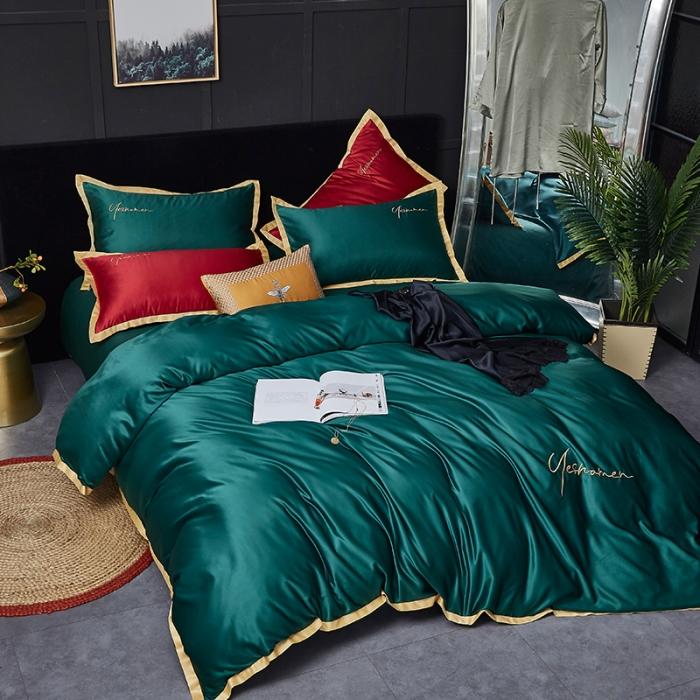 91家纺网 家纺一手货源 找家纺 安妮 2020新款水洗真丝凯茜四件套 墨绿