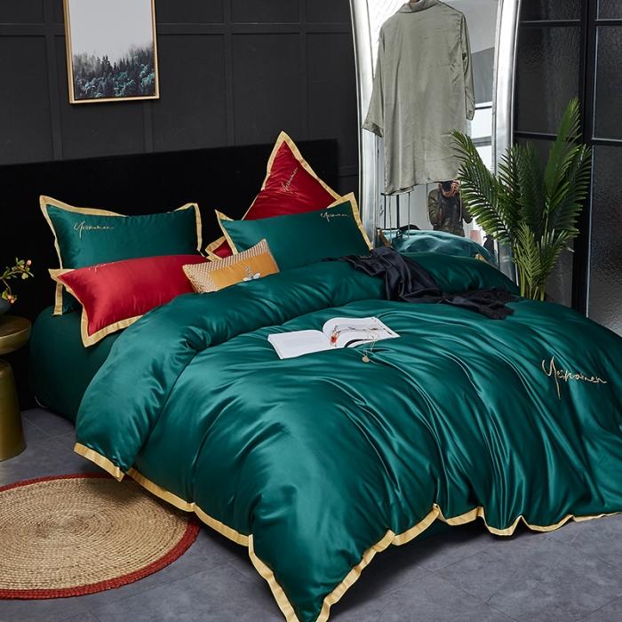 91家纺网 家纺一手货源 找家纺 安妮 2020新款水洗真丝凯茜四件套 墨绿