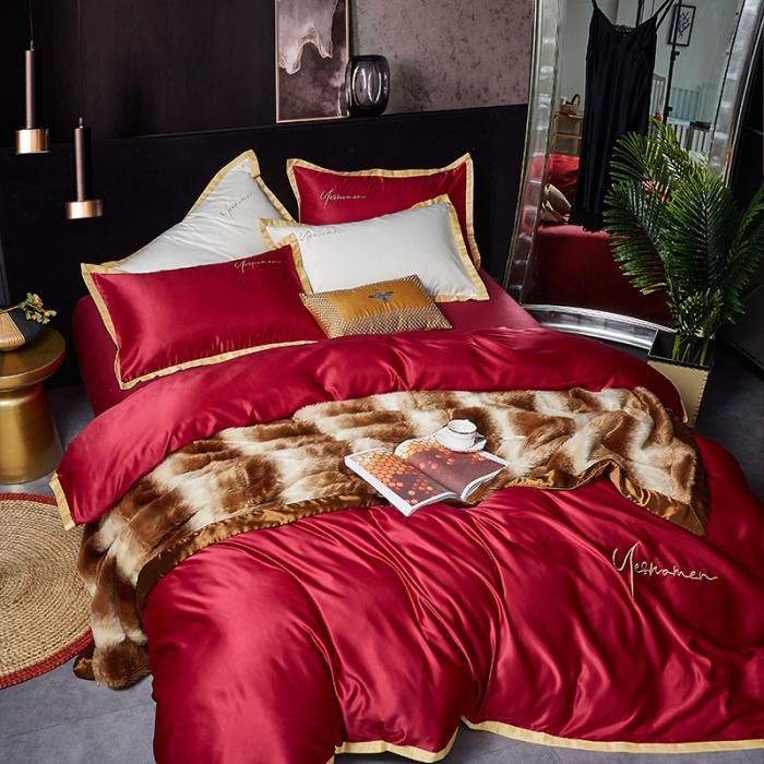 91家纺网 家纺一手货源 找家纺 安妮 2020新款水洗真丝凯茜四件套 酒红