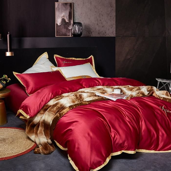 91家纺网 家纺一手货源 找家纺 安妮 2020新款水洗真丝凯茜四件套 酒红