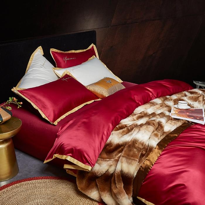 91家纺网 家纺一手货源 找家纺 安妮 2020新款水洗真丝凯茜四件套 酒红