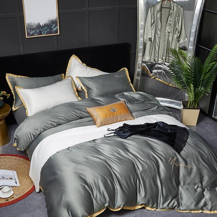 91家纺网 家纺一手货源 找家纺 安妮 2020新款水洗真丝凯茜四件套 光泽灰