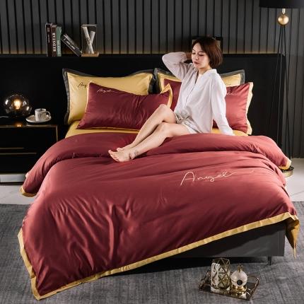 芃成 2020新款水洗真丝天使宽边绣花四件套 天使-酒红