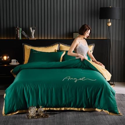 芃成 2020新款水洗真丝天使宽边绣花四件套 天使-墨绿