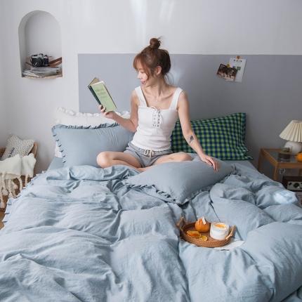 91家纺网 家纺一手货源 找家纺 轻奢坊 2023新款水洗棉日系褶皱短花边单被套 清水蓝