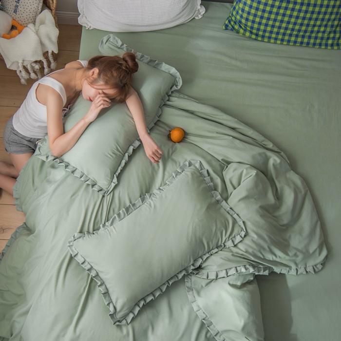 91家纺网 家纺一手货源 找家纺 轻奢坊 2023新款水洗棉日系褶皱短花边单被套 月白绿