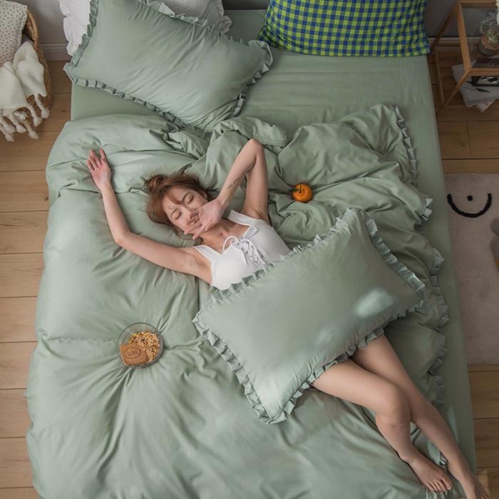 91家纺网 家纺一手货源 找家纺 轻奢坊 2023新款水洗棉日系褶皱短花边单被套 月白绿