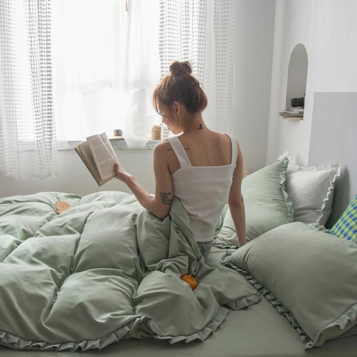 91家纺网 家纺一手货源 找家纺 轻奢坊 2023新款水洗棉日系褶皱短花边单被套 月白绿