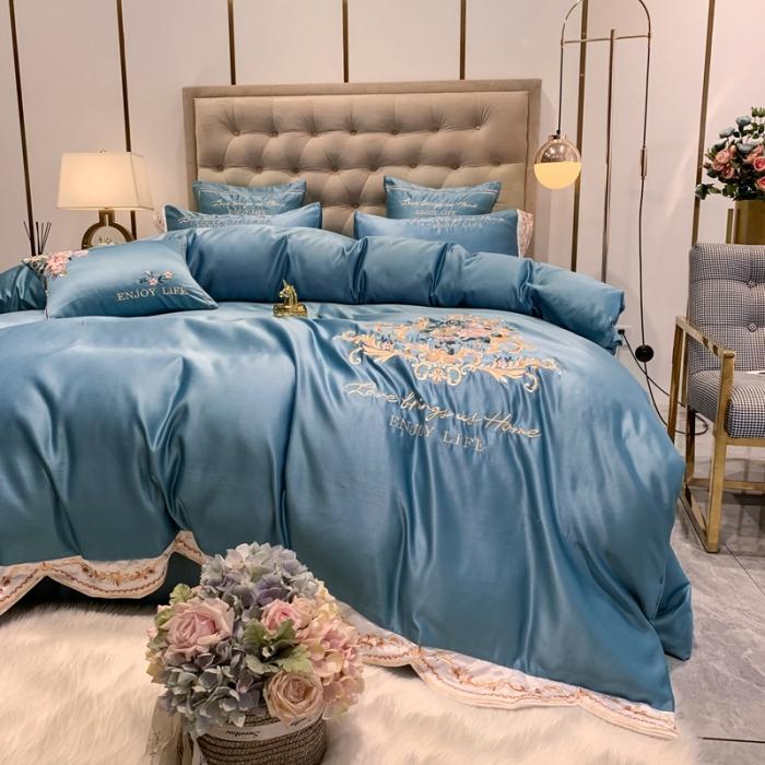 91家纺网 家纺一手货源 找家纺 安妮 2020新款AB版水洗真丝贡缎全棉四件套 湖蓝