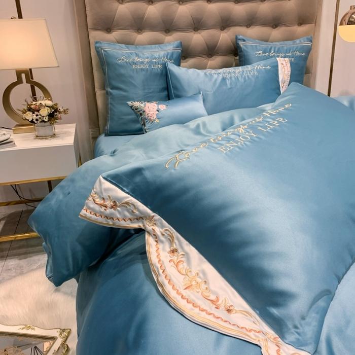91家纺网 家纺一手货源 找家纺 安妮 2020新款AB版水洗真丝贡缎全棉四件套 湖蓝