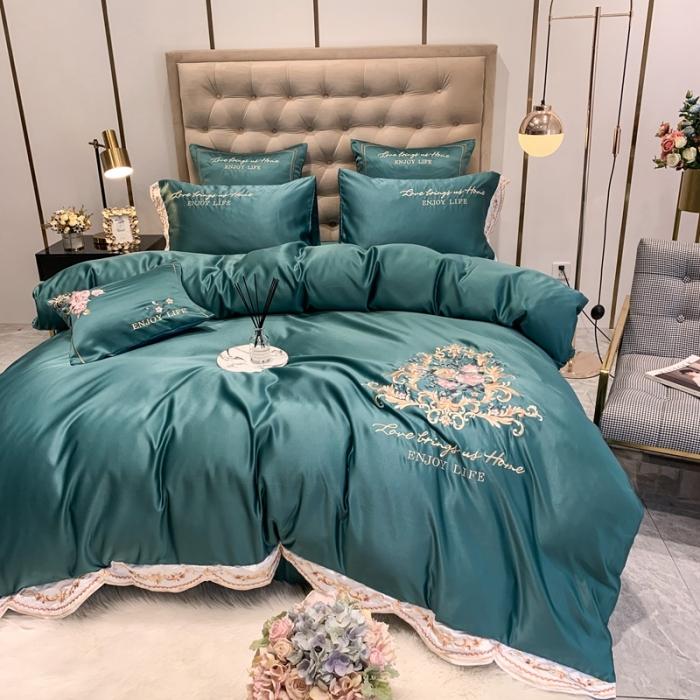 91家纺网 家纺一手货源 找家纺 安妮 2020新款AB版水洗真丝贡缎全棉四件套 墨绿