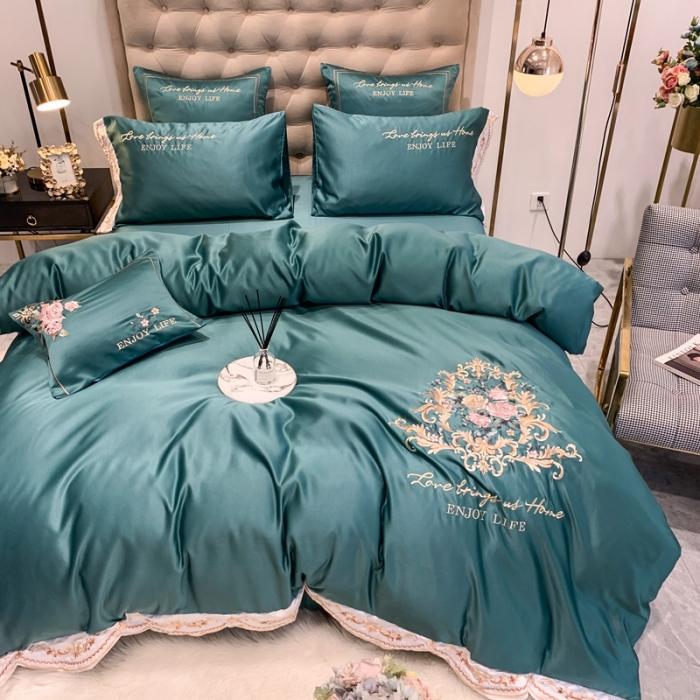 91家纺网 家纺一手货源 找家纺 安妮 2020新款AB版水洗真丝贡缎全棉四件套 墨绿